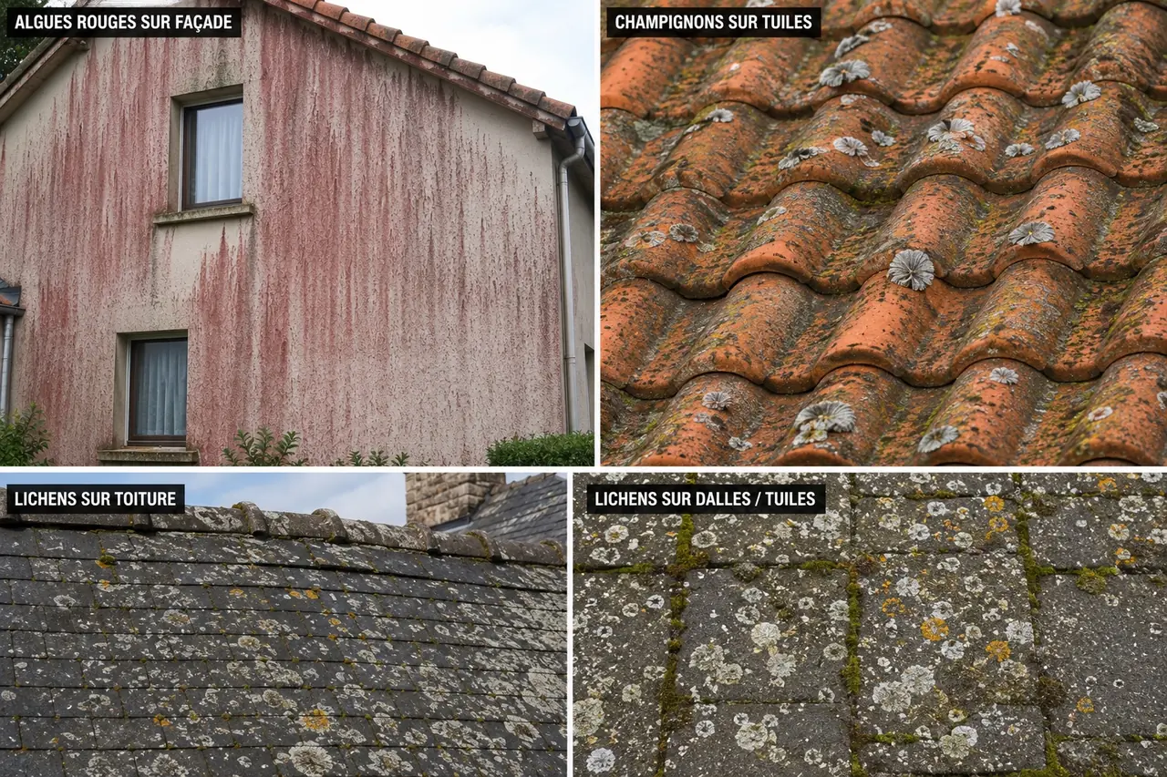 Exemples d’algues rouges, lichens et dépôts biologiques sur des surfaces extérieures